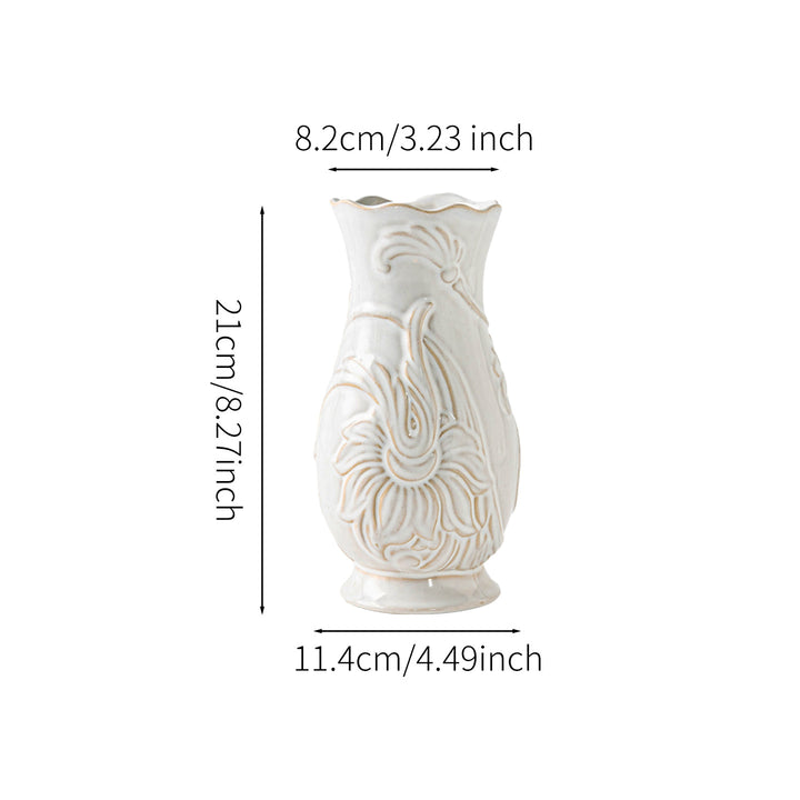 Engraved Ceramic Button Vase with Wave Edge and Floral Relief