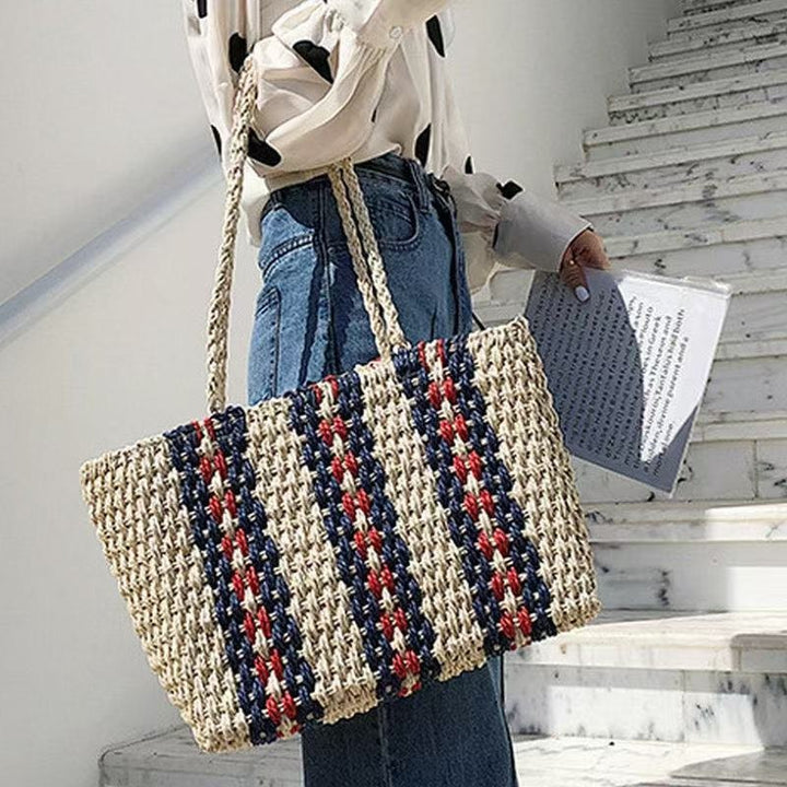 Elegant and Spacious Woven Shopper with Eye-Catching Striped Design Bowlift