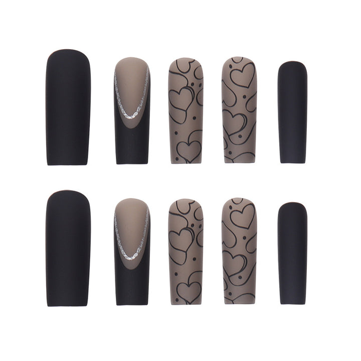 Artistic Long Press-On Nails with Heart Patterns Bowlift