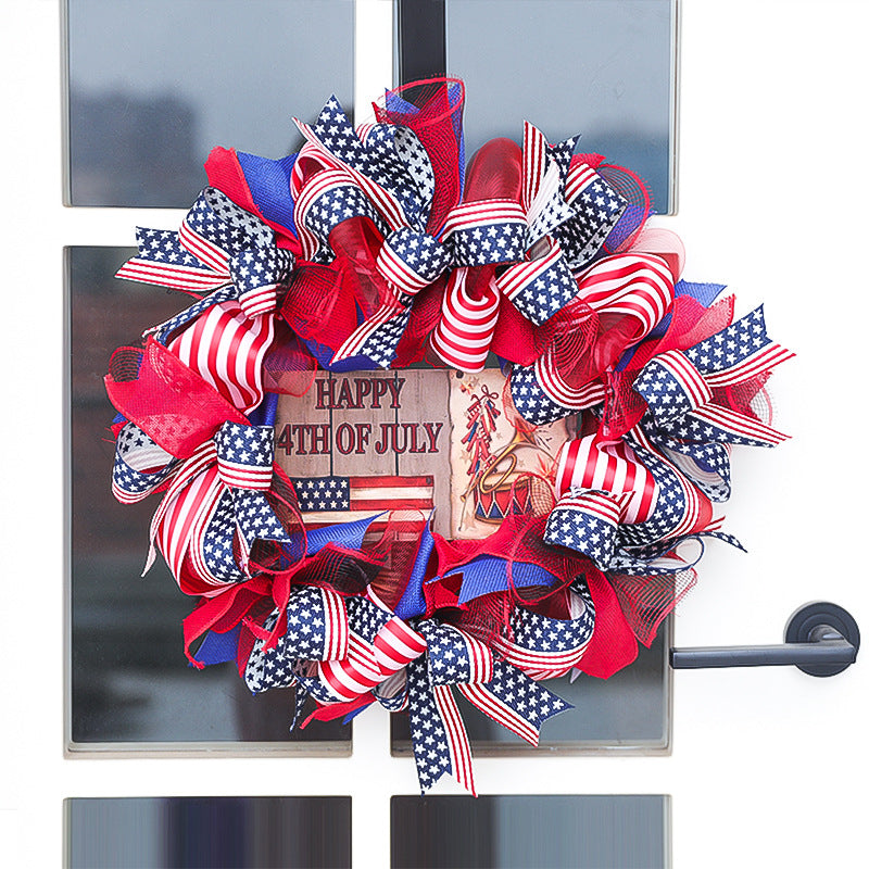 Unisex nan patriotic Americana fabric and wood door wreath with ribbon bows Bowlift