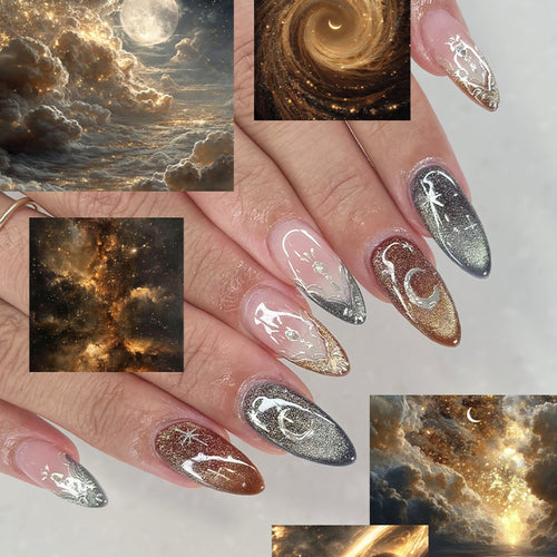 Decorative Press-On Nail Set with Unique Celestial Designs Bowlift