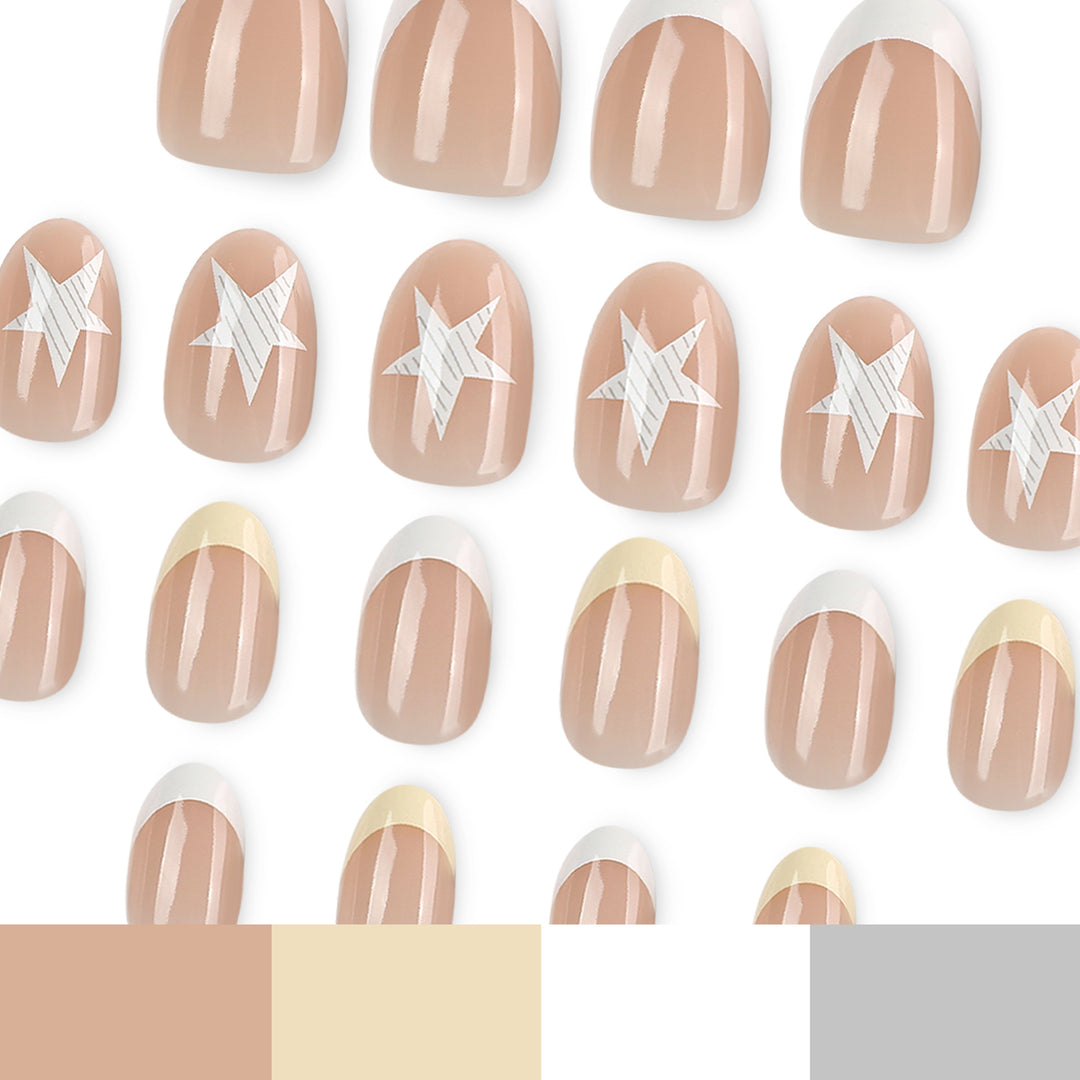 Elegant artificial nails with classic French tip and intricate star design Bowlift