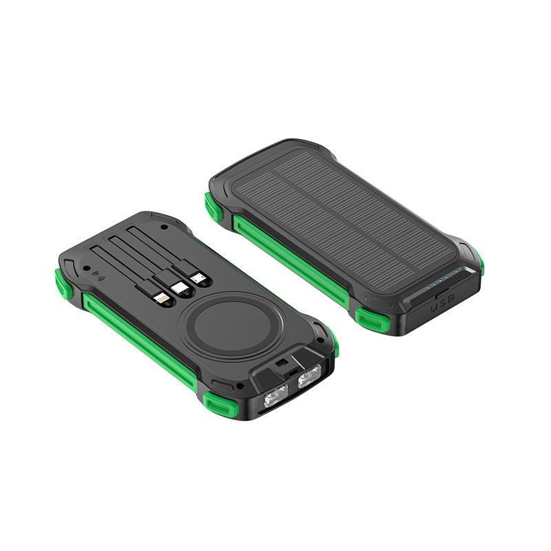 Solar power bank with multifunctional ports and LED light Bowlift