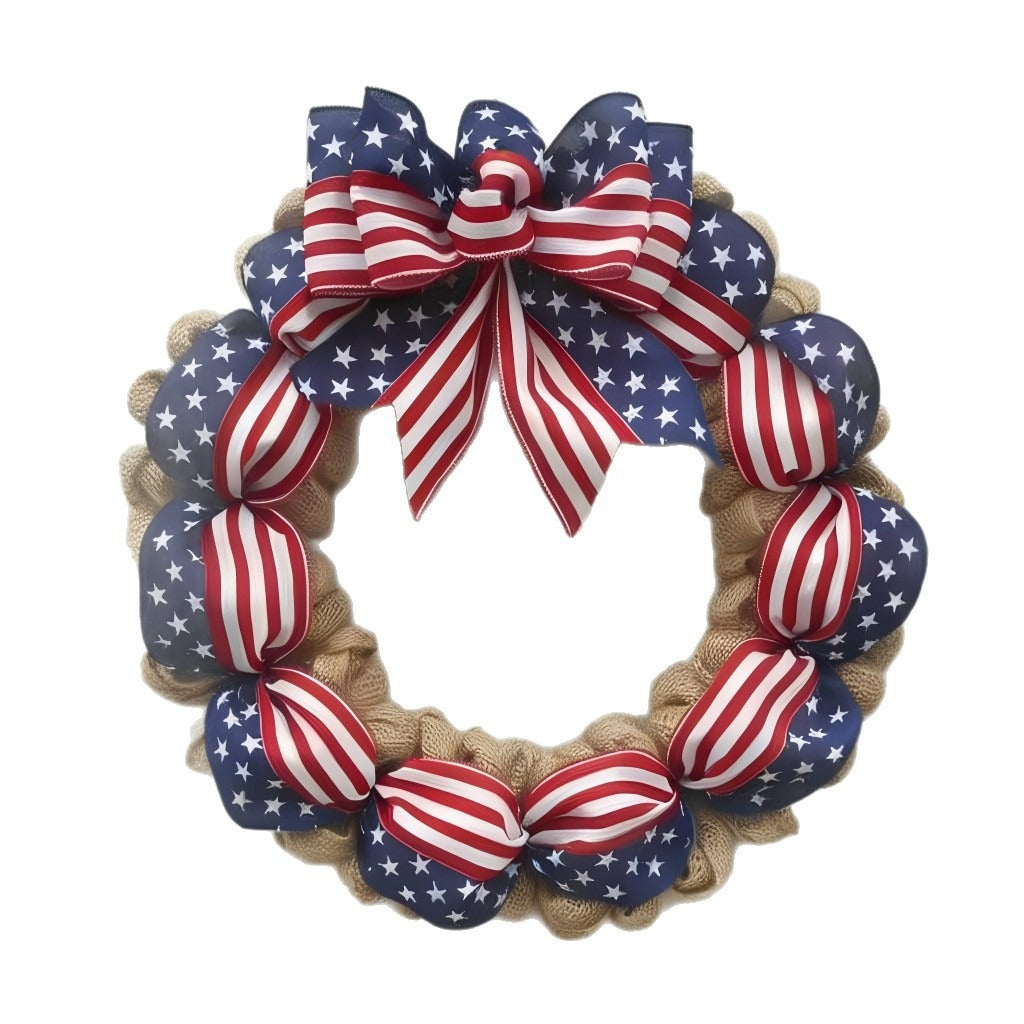 Unisex nan rustic jute door wreath with patriotic star and stripe ribbon and voluminous bow Bowlift