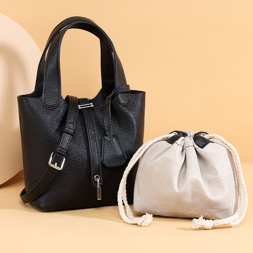 Dual-Compartment Textured Leather Tote Bag Bowlift