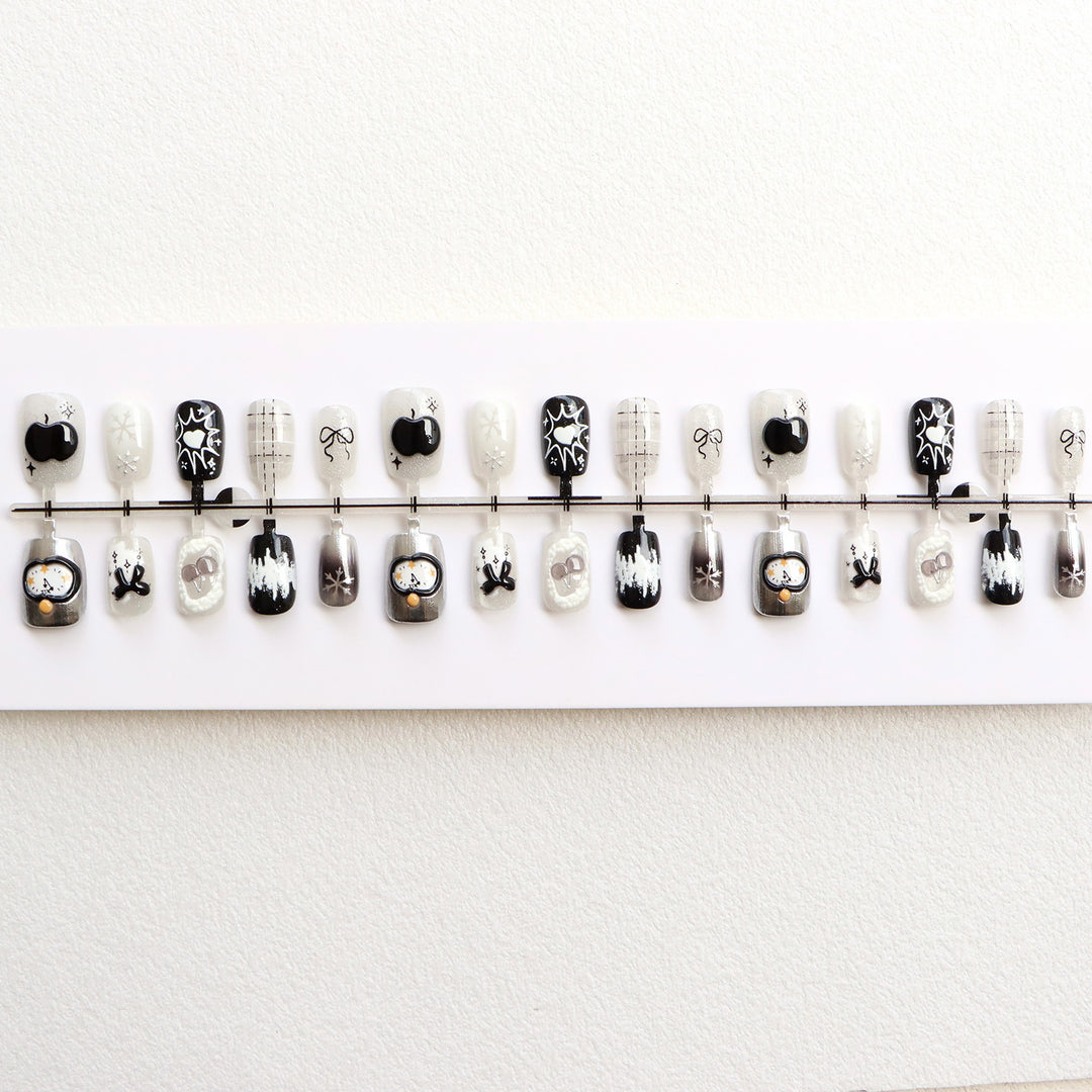 Artistic Black and White Press-On Nail Art Bowlift