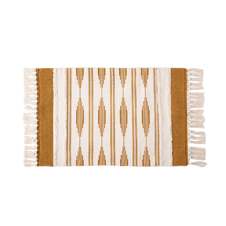 Woven runner rug with fringes and geometric ethnic pattern Bowlift