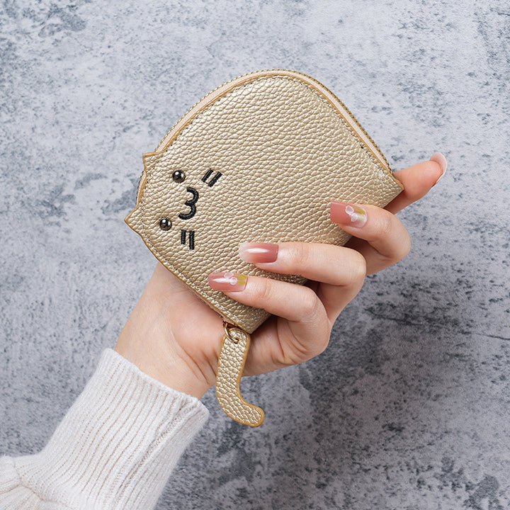 Cat-Shaped Textured Faux Leather Coin Purse with Zipper Wrist Strap Bowlift