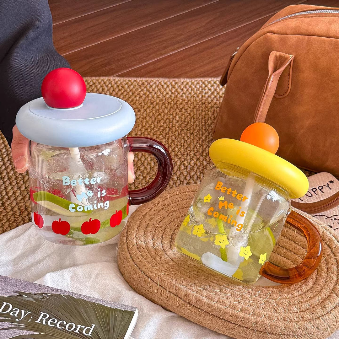 Women's glass drinking cup with silicone lid and integrated straw Bowlift