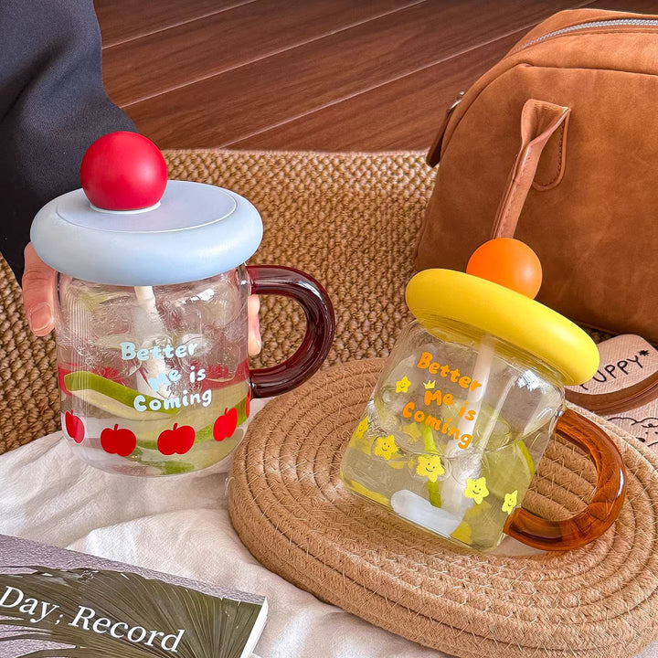 Women's glass drinking cup with silicone lid and integrated straw Bowlift