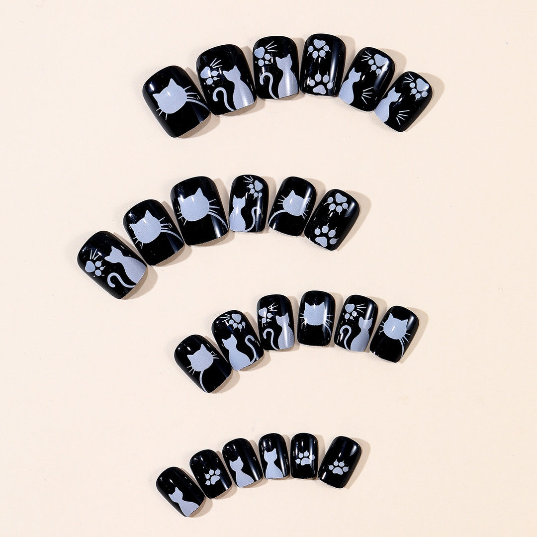 Whimsical Cat-Themed Press-On Nail Art Bowlift