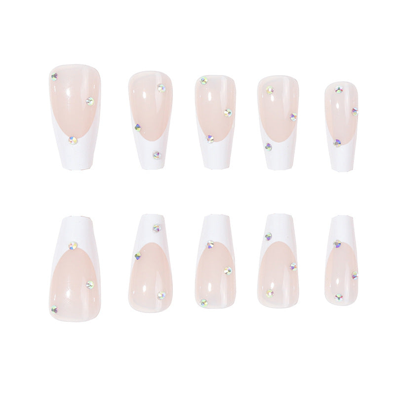 Elegant Iconic French Tip Press-On Nails with Rhinestone Accents Bowlift