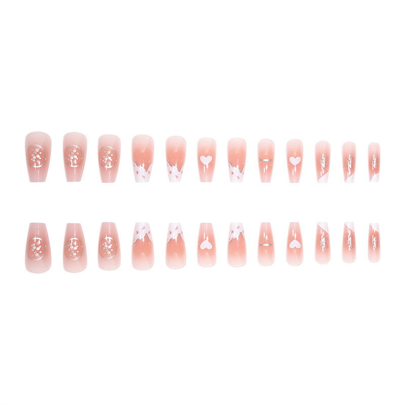Elegant Long Press-On Nails with Artistic Heart and Gem Accents Bowlift