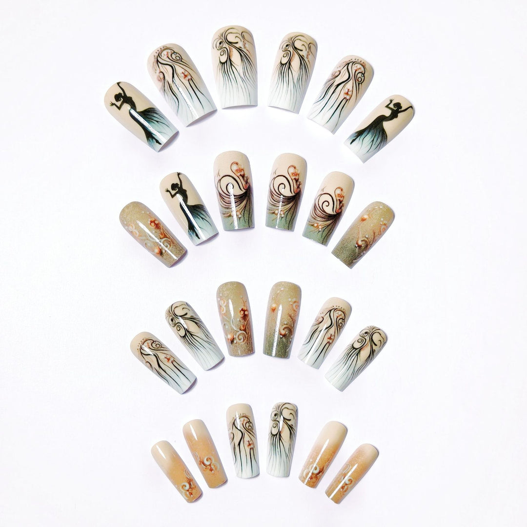 Artificial nails with elegant silhouette and floral accents Bowlift