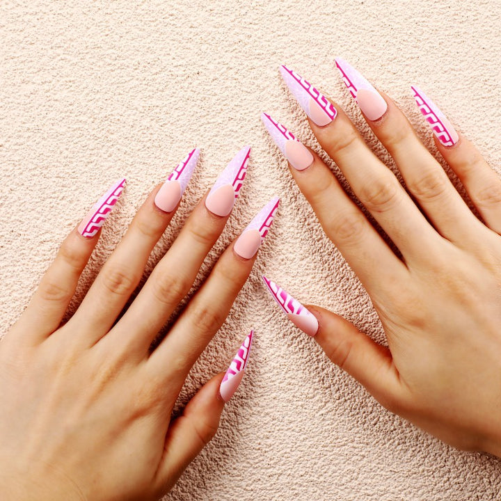 Creative Stiletto Art Nails with Geometric Patterns Bowlift
