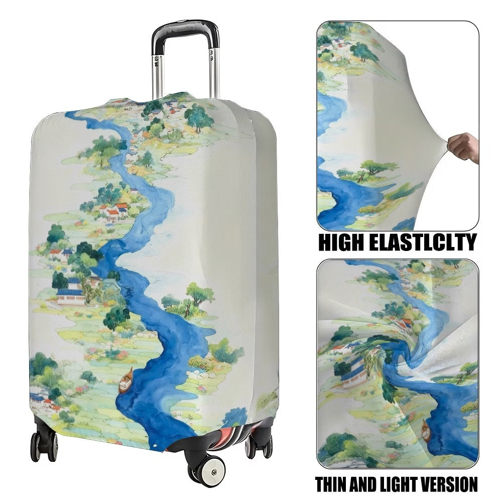 Unisex nan elastic suitcase cover with detailed river and village illustration print, tear-resistant stretch protection for hard shell and fabric trolley Bowlift