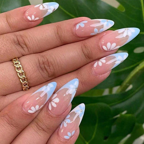 Pointed Almond-Shaped Press-On Nails with Floral Design Bowlift