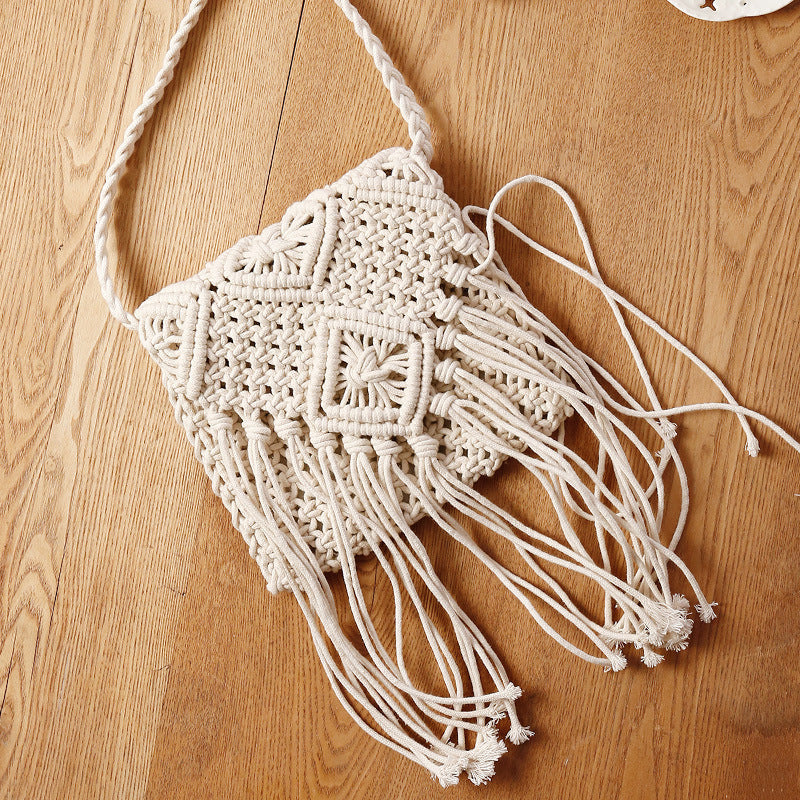 Macrame Crossbody Bag with Fringes and Decorative Details Bowlift