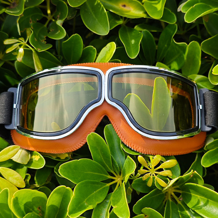 Polarized Mirrored Motorcycle Goggles with Leather Trim and Padded Foam Seal Bowlift