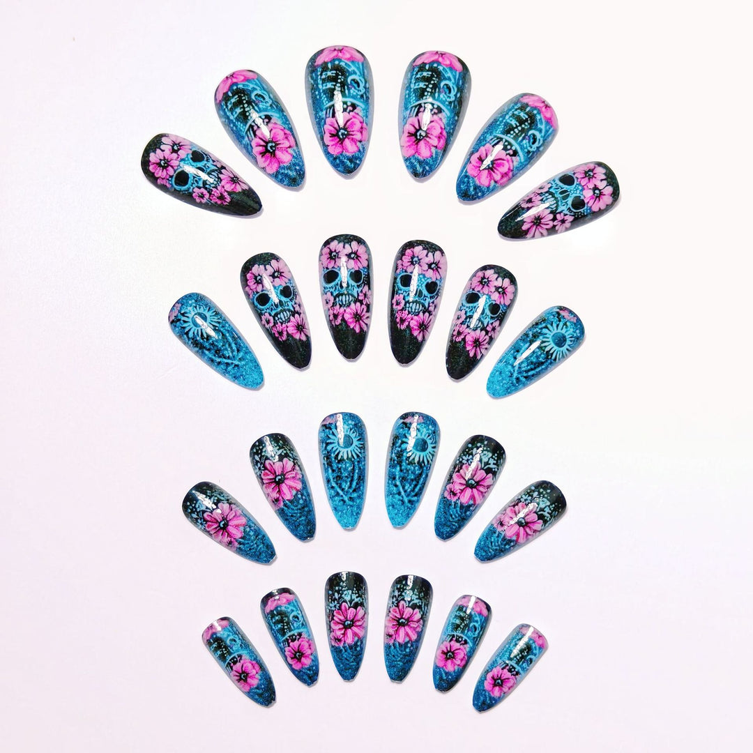 Artificial nails with Lifelike Skull Design and Floral Accents Bowlift