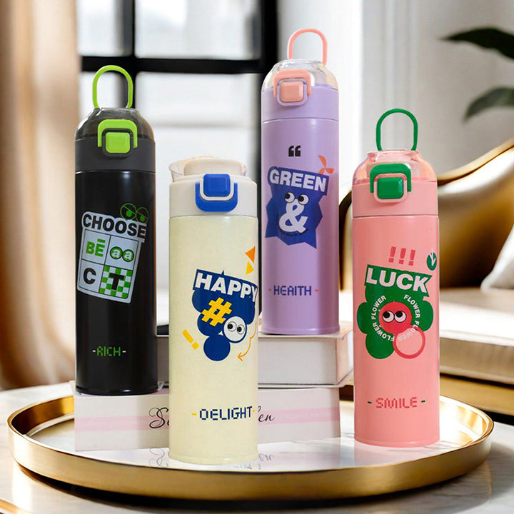 Insulated drinking bottle with innovative leak protection and practical carrying strap Bowlift