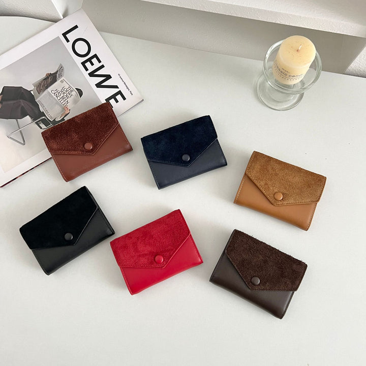 Compact Suede-Trim Leather Card Wallet Bowlift