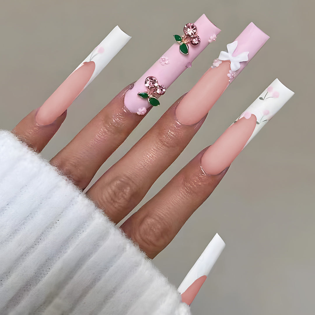 Elegant Floral-Designed Long Press-On Nails Bowlift