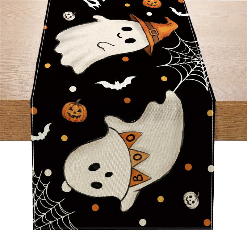 Halloween Cotton-Linen Table Runner with Gothic Cross Pumpkin Jack-O'-Lantern Print