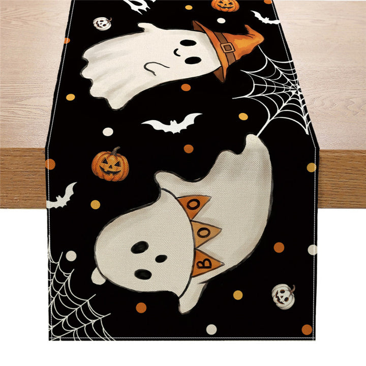 Halloween Cotton-Linen Table Runner with Gothic Cross Pumpkin Jack-O'-Lantern Print