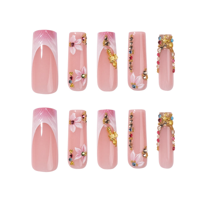 Artistic Nail Extensions with Rhinestone and Flower Embellishments Bowlift