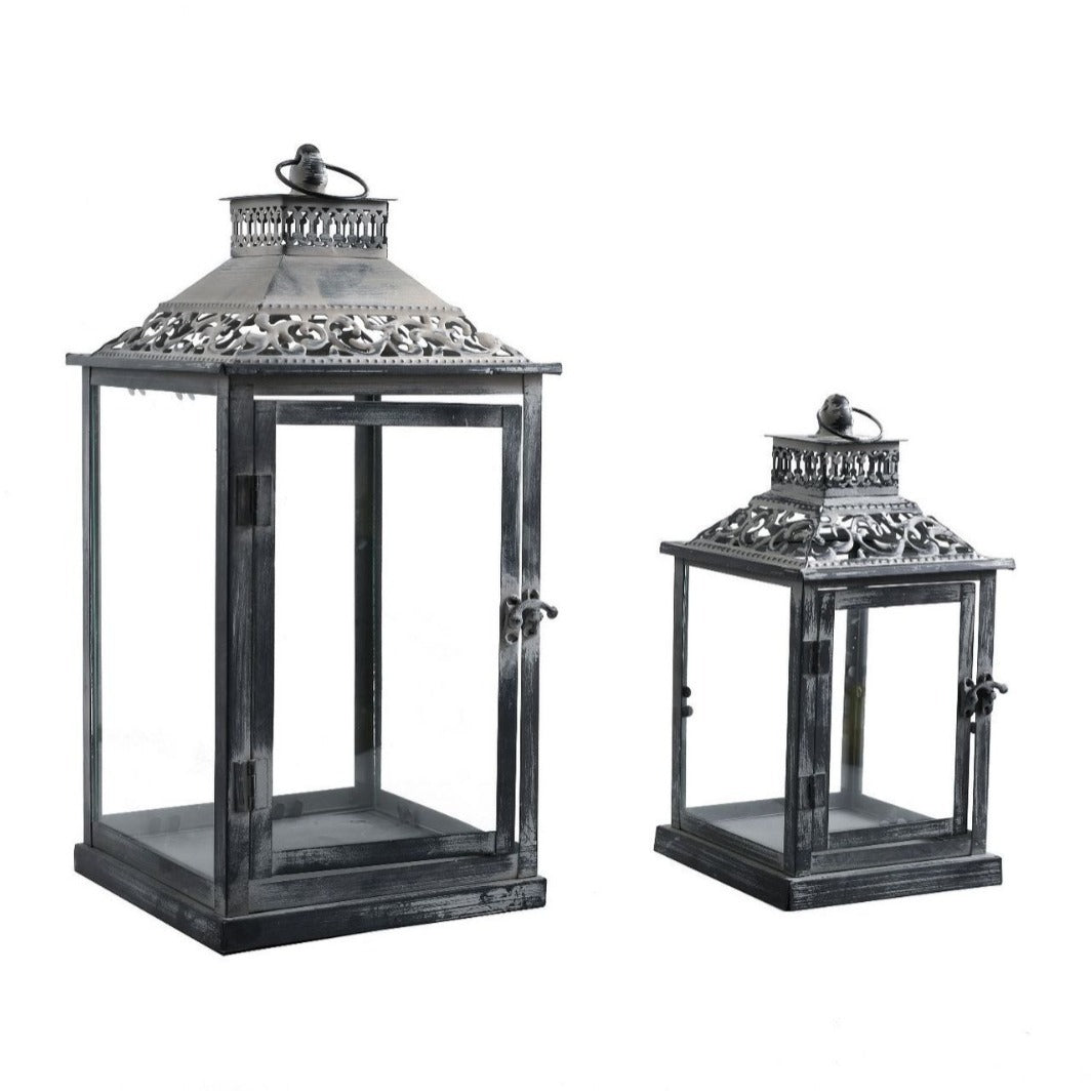 Ornate Distressed Wooden and Metal Glass-Paneled Decorative Lantern Bowlift
