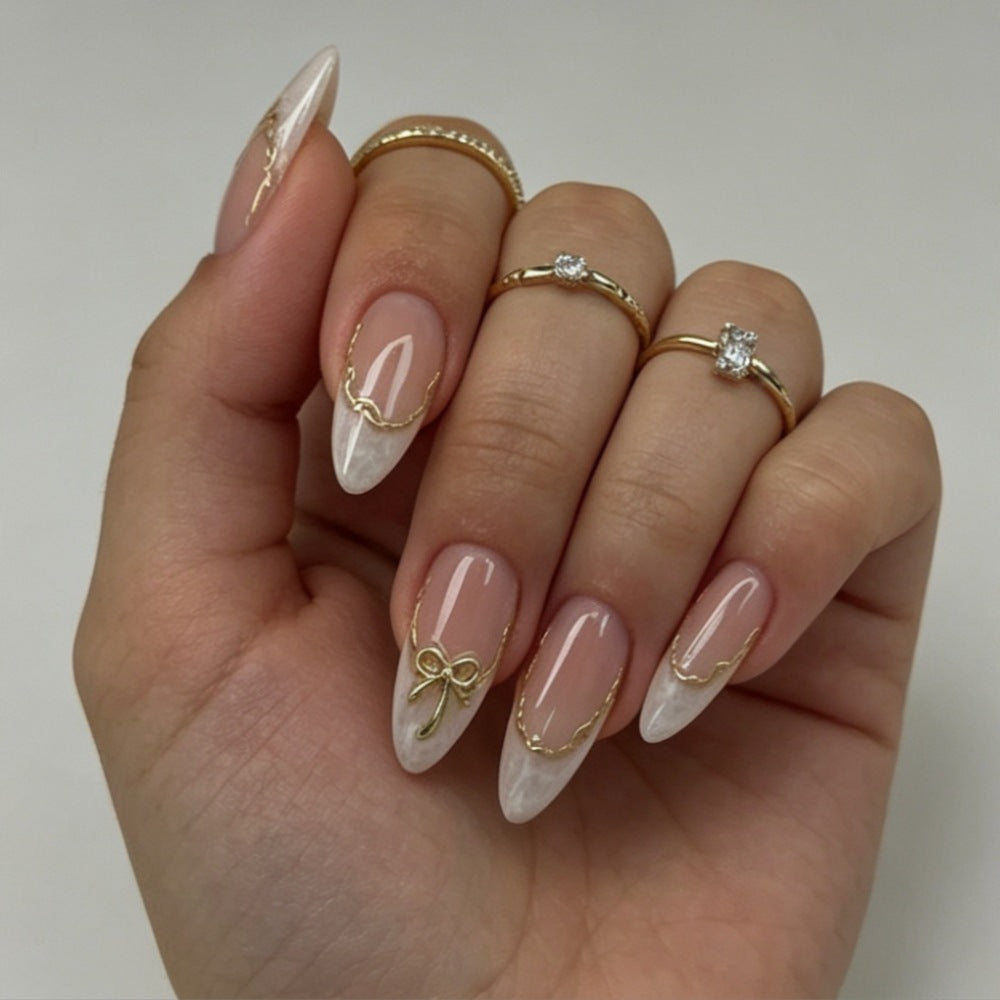 Elegant Press-On Nail Set with Gold Accents Bowlift