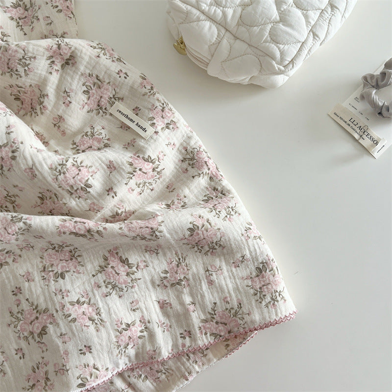 Unisex Cotton Muslin Blanket with Floral Design and Ruffle Details Bowlift