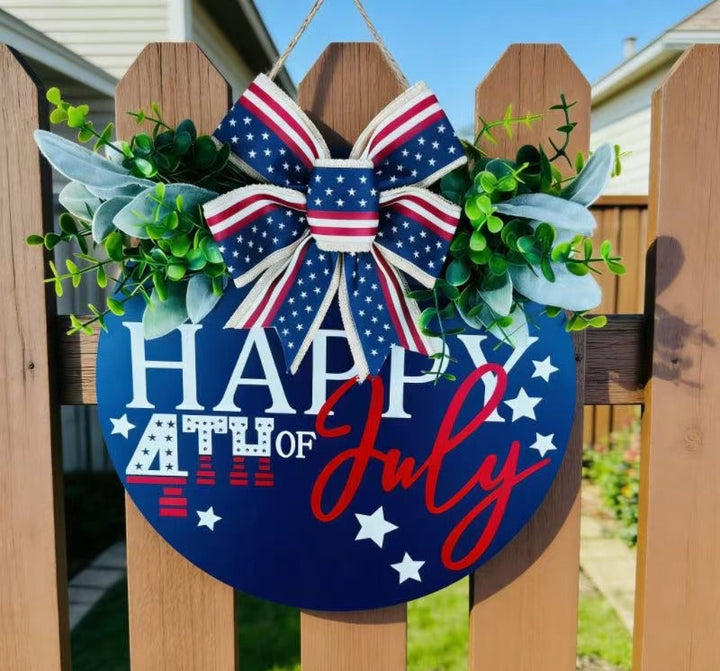 Unisex nan Patriotic Round Wooden Door Sign with Bow and Faux Greenery Bowlift