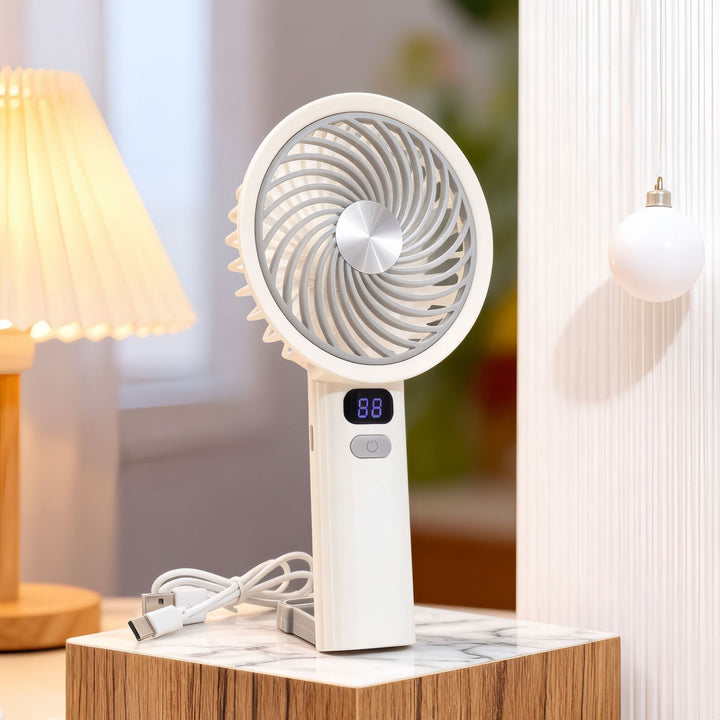 Women's Portable Handheld Fan with Digital Temperature Display and Ergonomic Handle Bowlift
