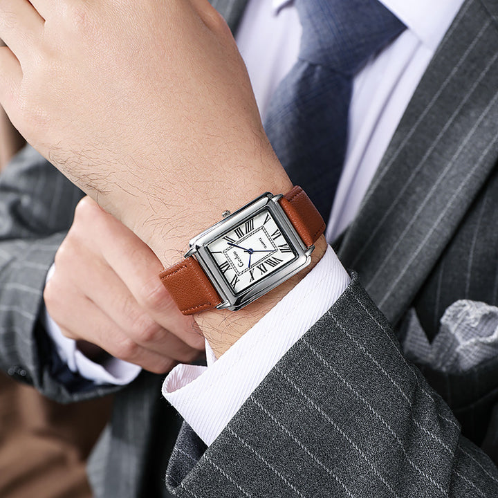 Rectangular Vintage Roman Dial Leather Dress Watch Bowlift
