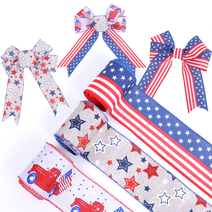 Unisex nan decorative wired Americana craft ribbon set with stars stripes truck and flag print Bowlift