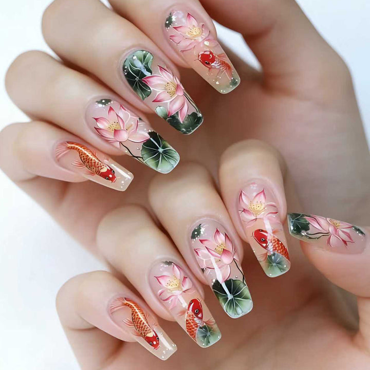 Artificial nails with floral lotus elements and koi pattern Bowlift