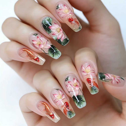 Artificial nails with floral lotus elements and koi pattern Bowlift