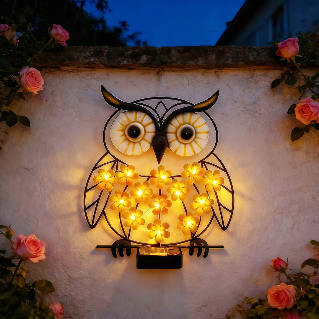 Metal Owl Wall Art With Solar Powered LED Floral Lights And Iron Frame Bowlift