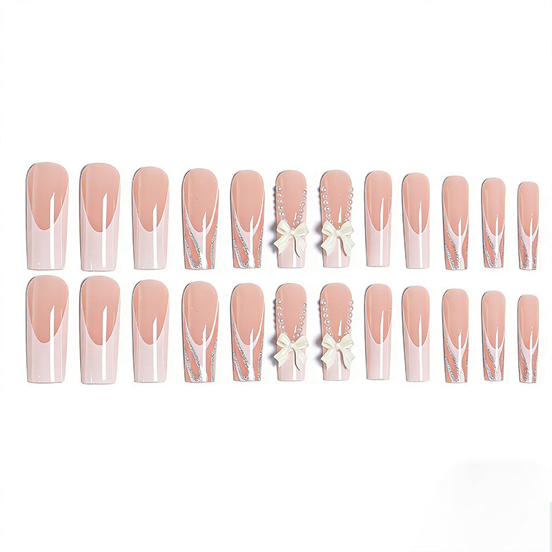 Elegant Fake Nails with Pearl and Bow Decorations Bowlift