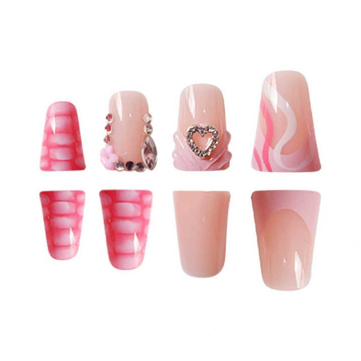 Decorative Press-On Nail Design with Heart and Gem Accents Bowlift