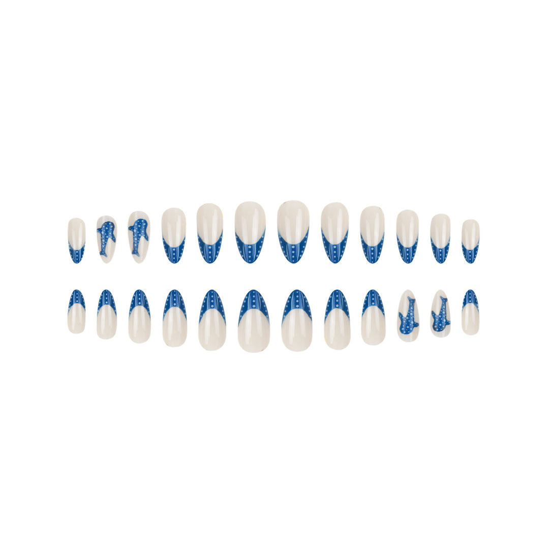 Elegant Shark-Inspired French Tip Press-On Nails Bowlift