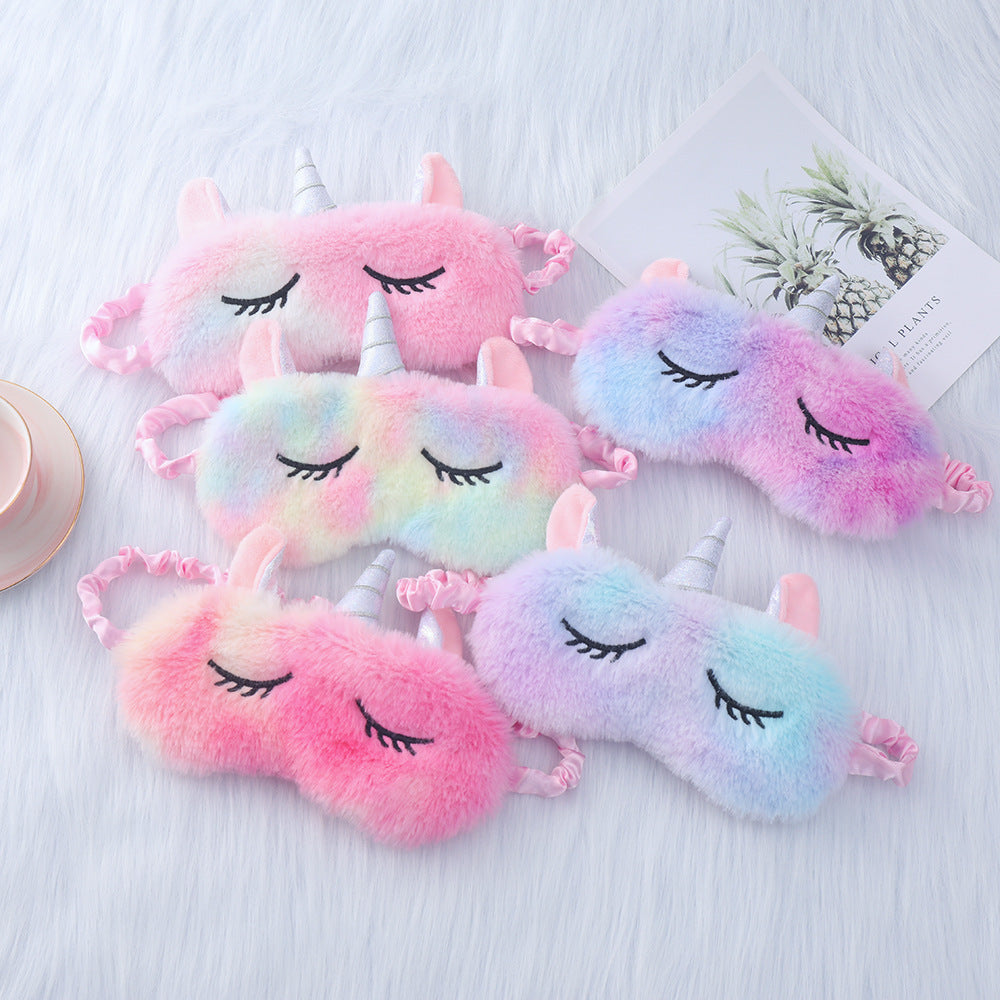 Women's plush-filled unicorn sleep mask with 3D horn, embroidered eyelashes and adjustable satin band Bowlift