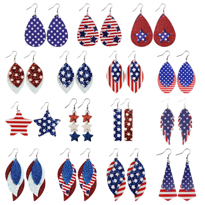 Women's star stripe print faux leather drop earrings with fishhook Bowlift