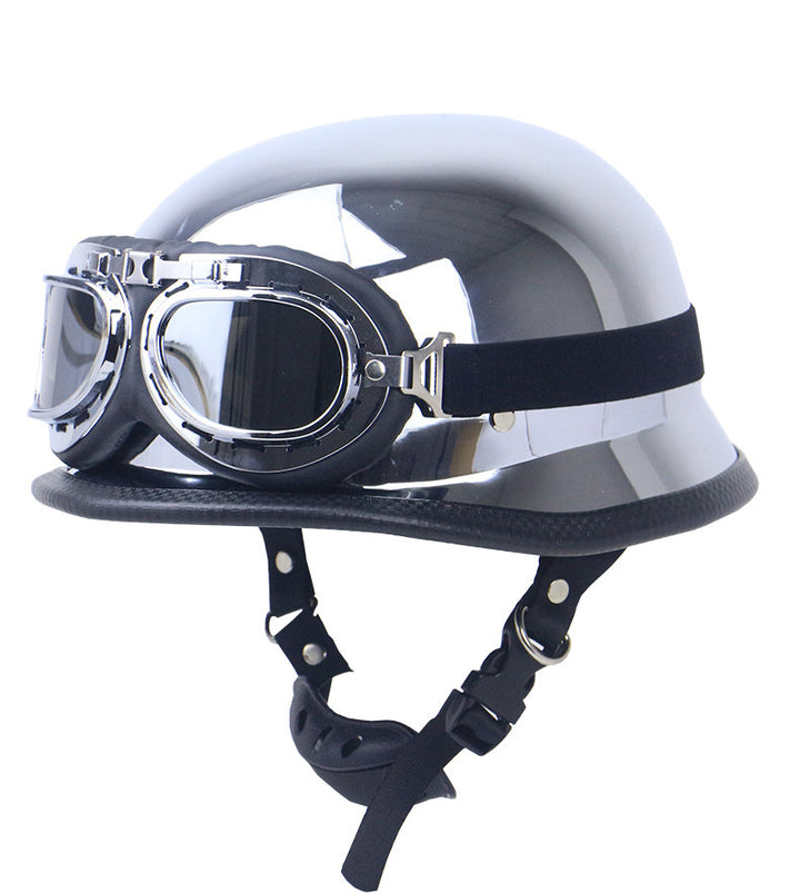 Chrome-Plated Vintage Motorcycle Helmet with Protective Goggles Bowlift