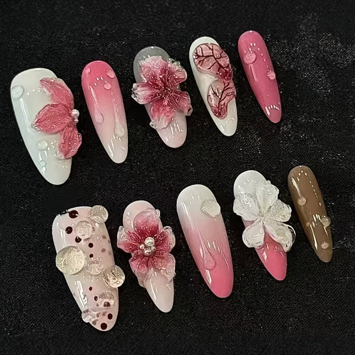 Artificial nails with floral 3D design and glitter effects Bowlift