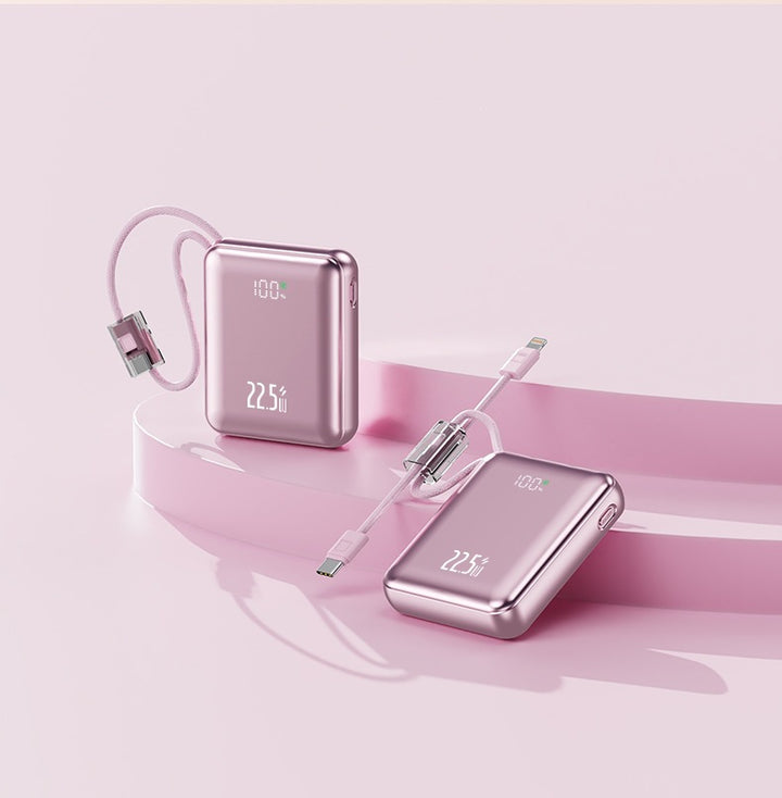 Compact power bank with digital power display and integrated charging cable Bowlift