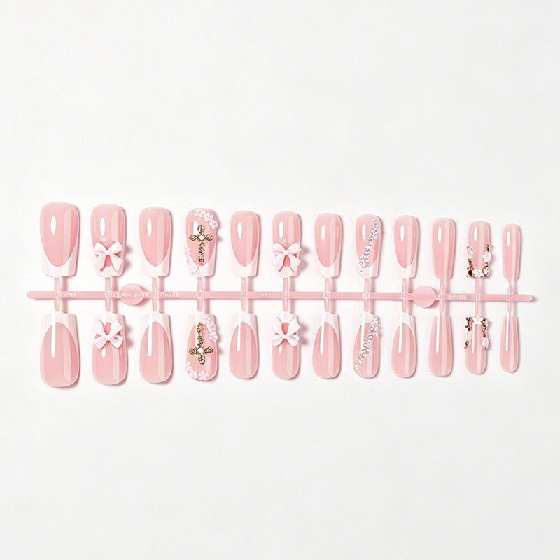 Decorative Press-On Nail Set with Bow and Floral Accents Bowlift