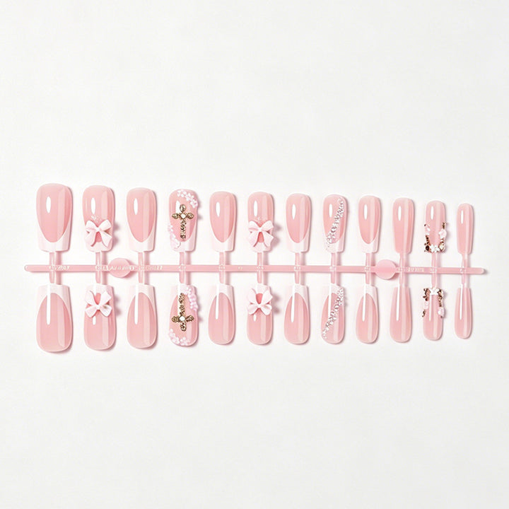 Decorative Press-On Nail Set with Bow and Floral Accents Bowlift